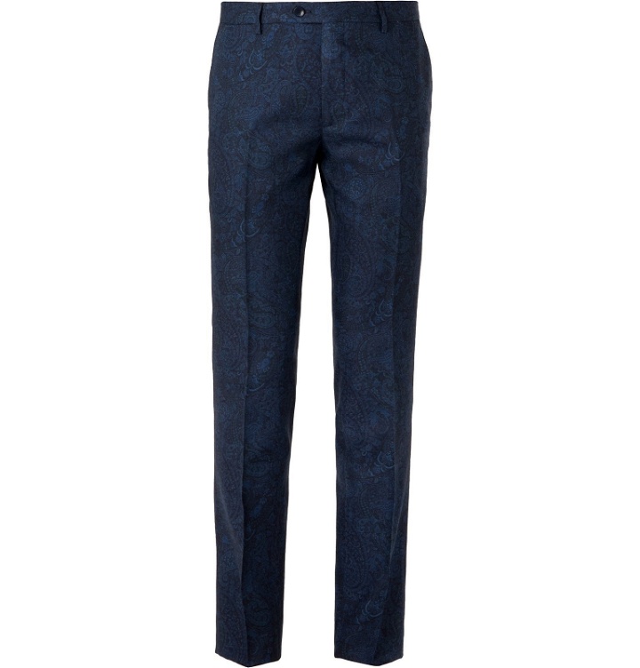 Photo: Etro - Navy Slim-Fit Paisley-Print Wool Suit Trousers - Blue