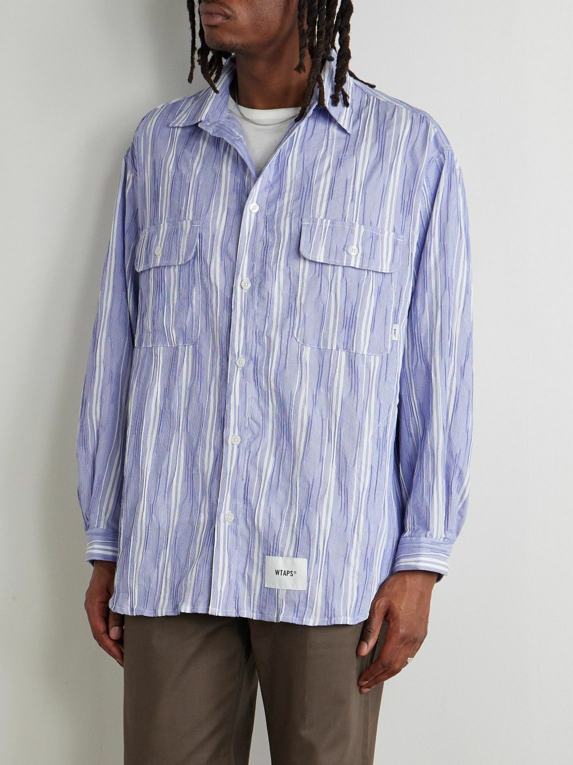 k*o様 WTAPS シャツ WTAPS - Logo-Appliquéd Striped Cotton-Blend Dobby Shirt - Blue WTAPS