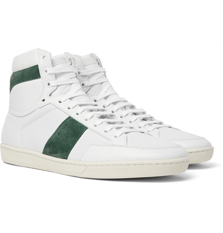 Photo: SAINT LAURENT - SL/10 Suede-Trimmed Perforated Leather High-Top Sneakers - White