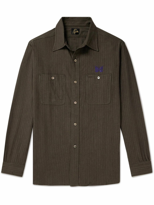 Photo: Needles - Logo-Embroidered Pinstriped Brushed Cotton-Blend Twill Shirt - Brown