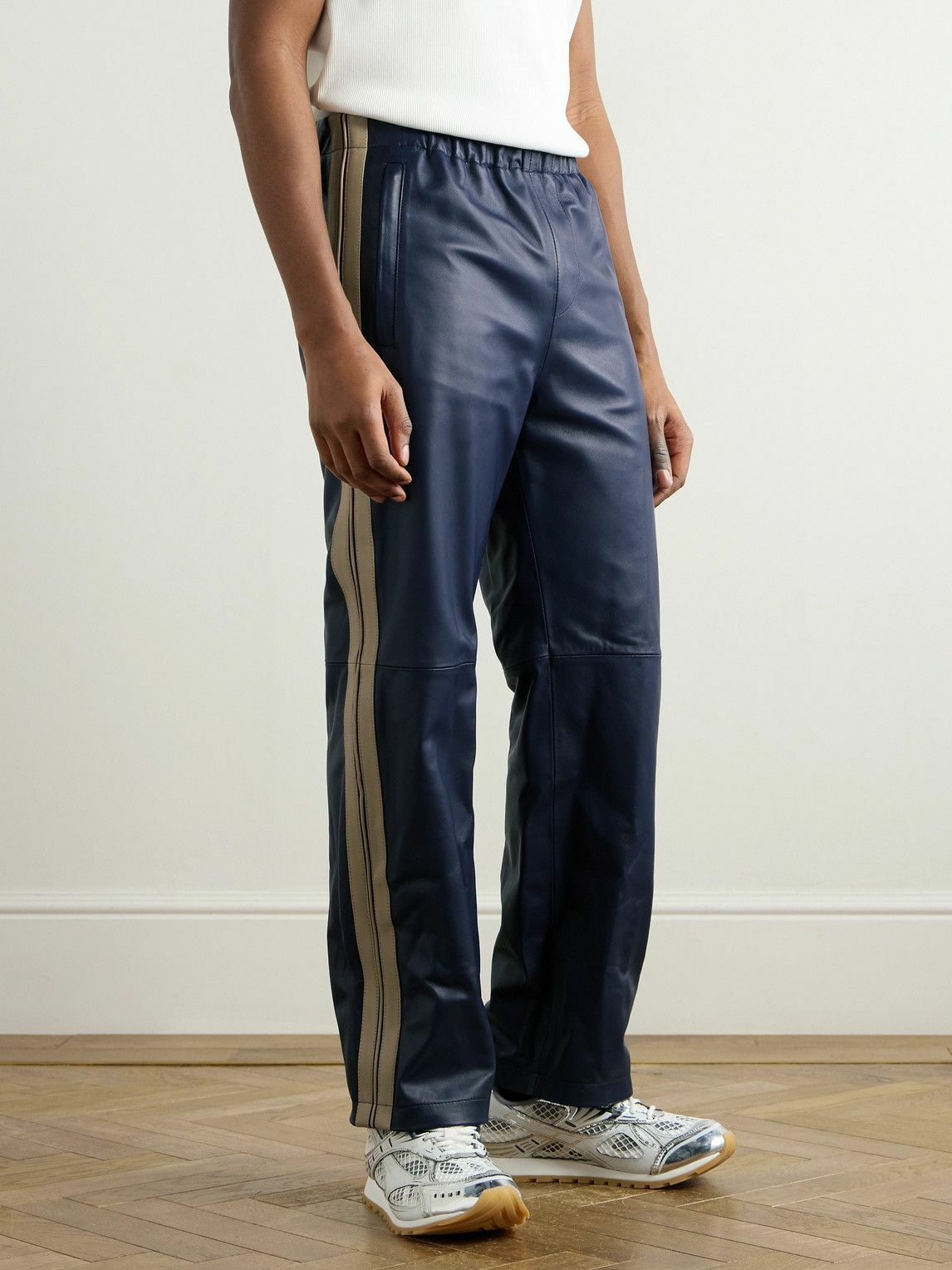Marni - Straight-Leg Striped Leather Trousers - Blue