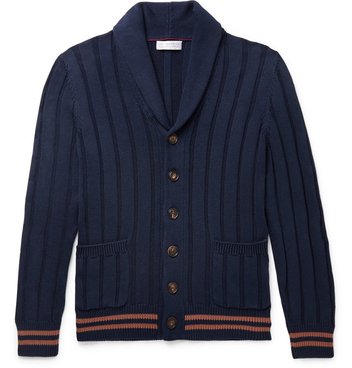 Photo: Brunello Cucinelli - Shawl-Collar Ribbed Striped Cotton Cardigan - Blue