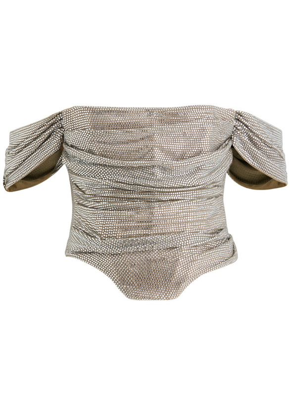 Photo: Giuseppe DI Morabito Off-the-shoulder Crystal-embellished Mesh top Metallic Bronze