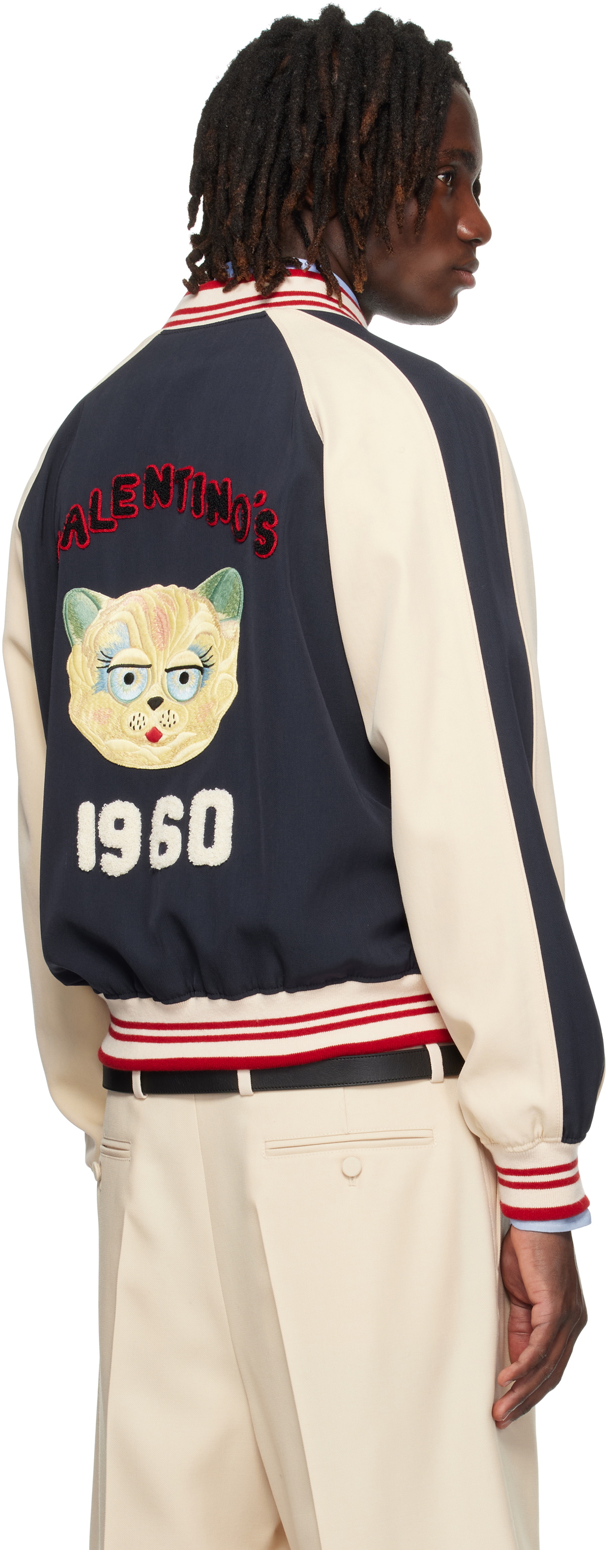 Valentino Navy & Beige 'Le Chat De La Maison' Patch Bomber Jacket
