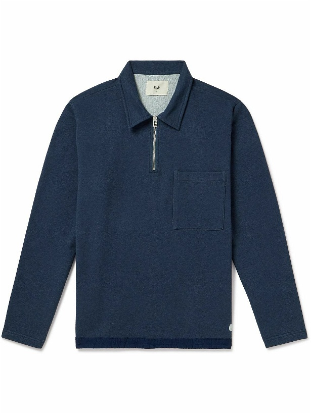 Photo: Folk - Signal Chambray-Trimmed Cotton-Jersey Half-Zip Sweatshirt - Blue