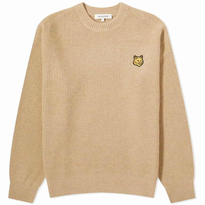 Photo: Maison Kitsuné Men's Tonal Fox Head Patch Ribbed Crew Knit in Beige Melange