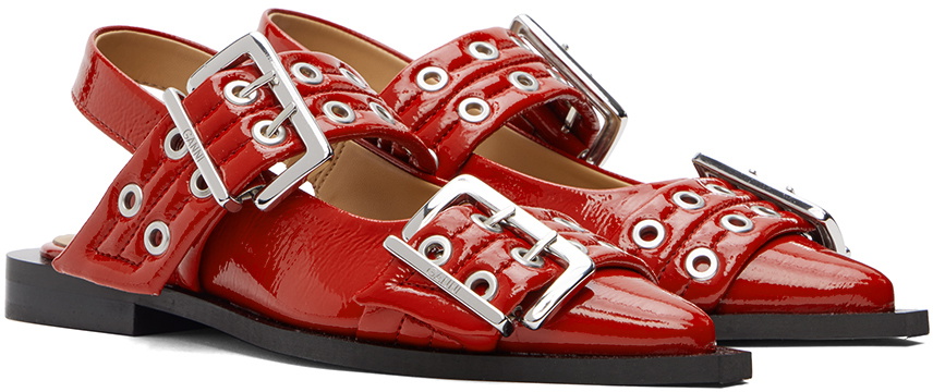 GANNI Red Wide Welt Buckle Ballerina Flats GANNI