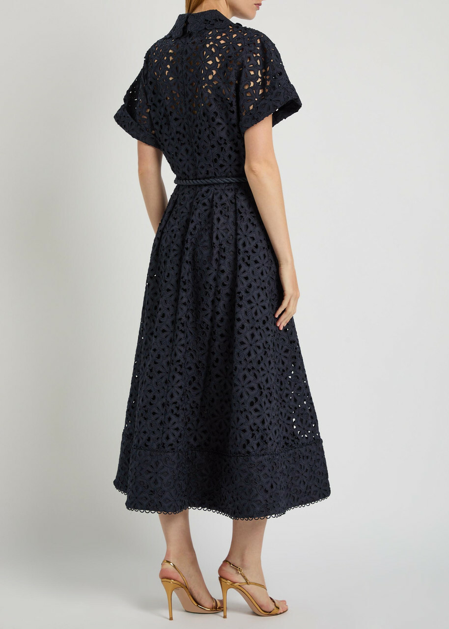 Rebecca Vallance Antalya Embroidered Belted Cotton Midi Dress Navy