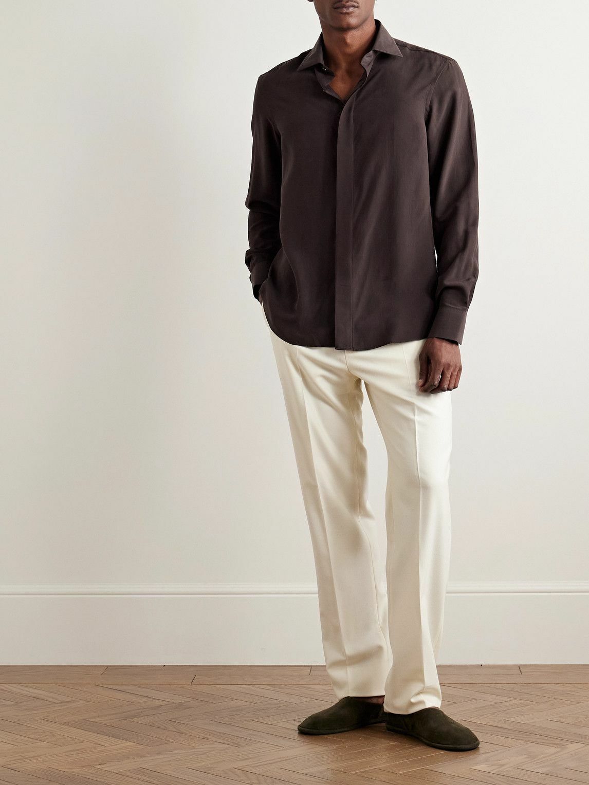 Canali - Enzyme-Washed Silk-Satin Shirt - Brown
