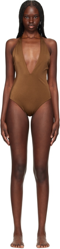 Photo: Versace Underwear Brown Tex Rodi Modulo Spilla Swimsuit