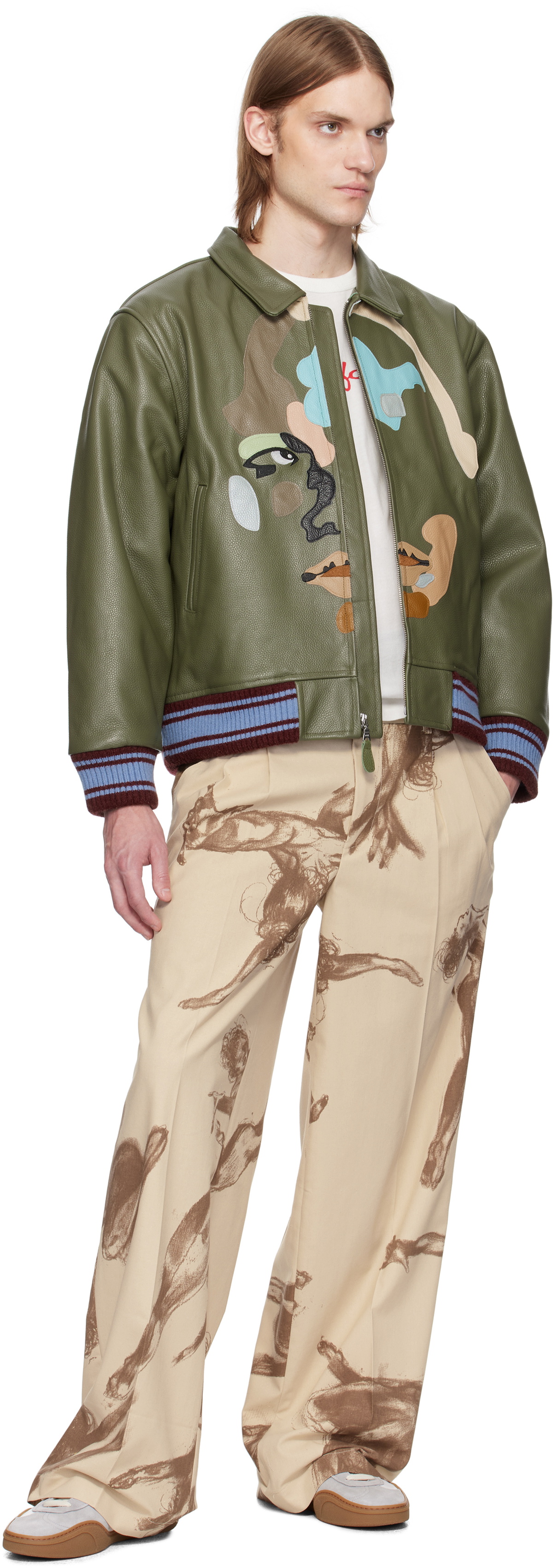 KidSuper Green Patchwork Face Leather Varsity Jacket