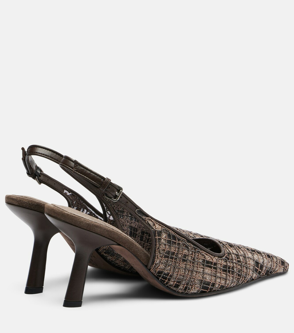 Brunello Cucinelli Beaded checked leather-trimmed slingback pumps