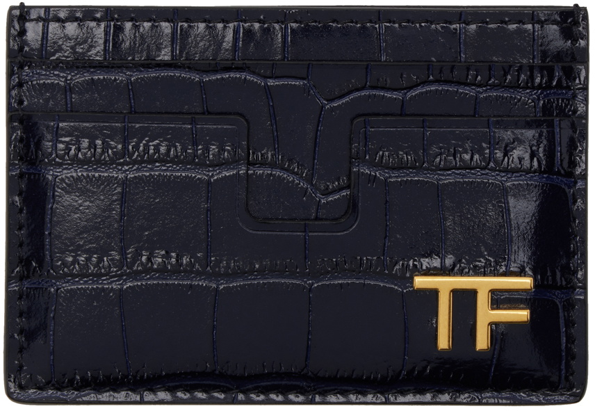 TOM FORD正規品/関税送料込み TF ロゴ Zipper Card Wallet TOM FORD Navy Croc-Embossed Card Holder TOM FORD