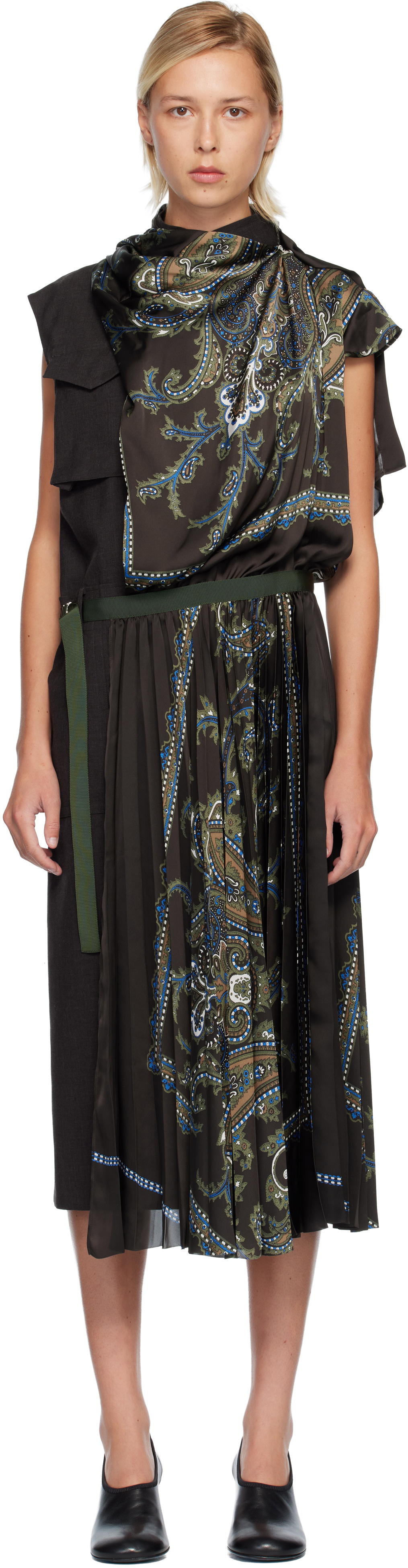 sacai Brown Suiting & Paisley Print Midi Dress