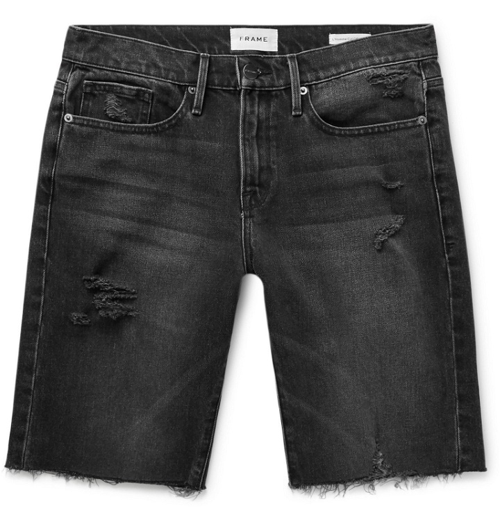 Photo: FRAME - L'Homme Slim-Fit Distressed Denim Shorts - Gray