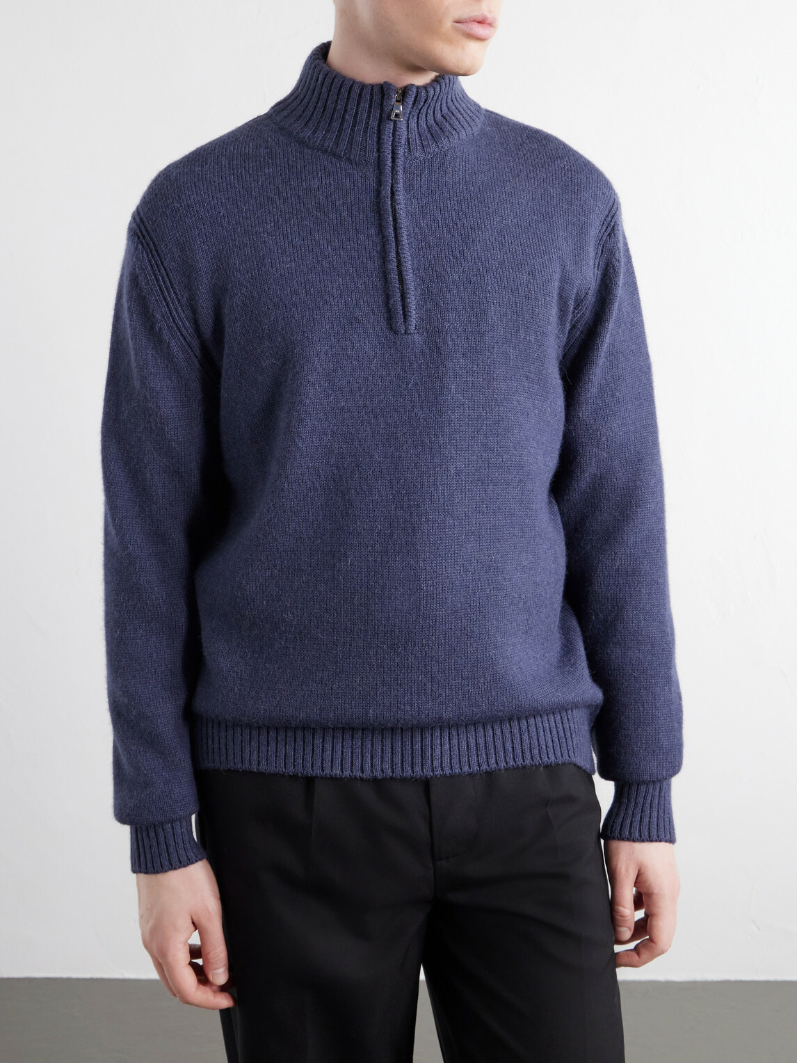 Mr P. - Rib-Trimmed Alpaca Half-Zip Sweater - Blue
