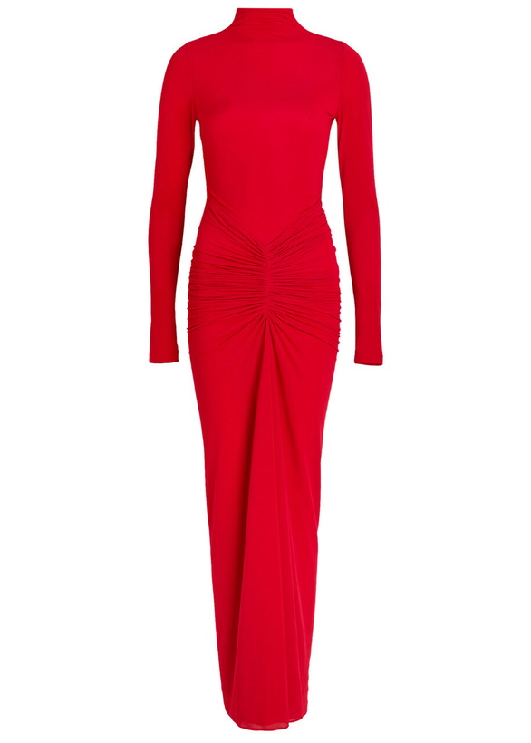 Photo: Ronny Kobo Scorpio Ruched Stretch-mesh Midi Dress Red