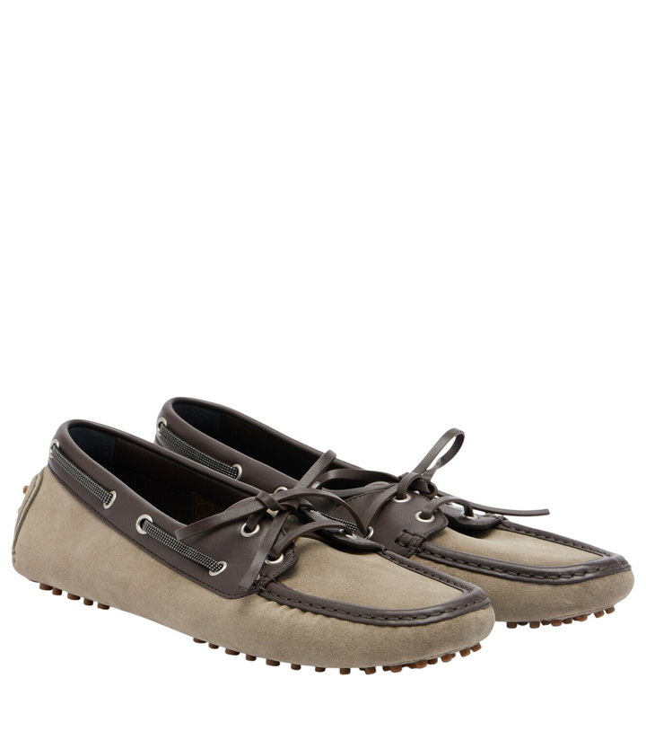 Photo: Brunello Cucinelli Monili leather-trimmed suede boat shoes