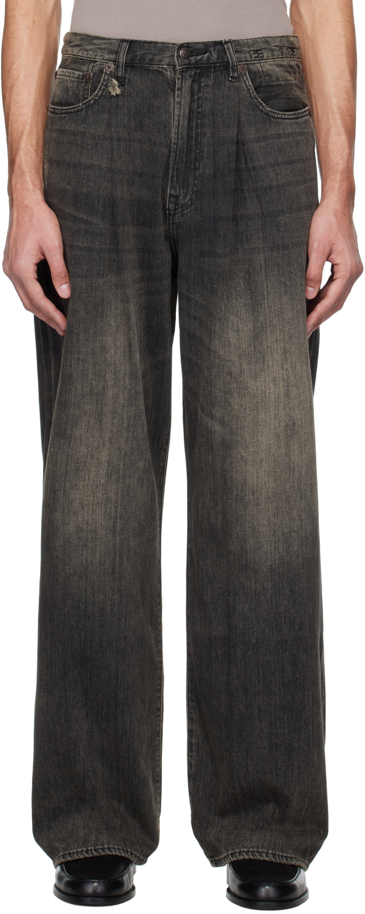 R13 Black Damon Pleated Wide Leg Jeans