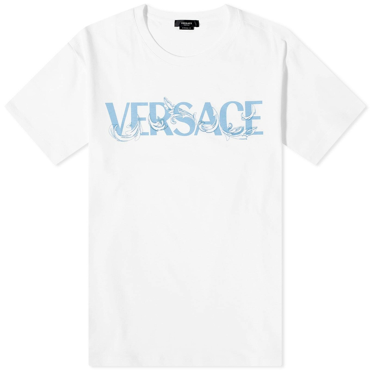 Versace Men's Logo Print T-Shirt in White Summer Blue Versace