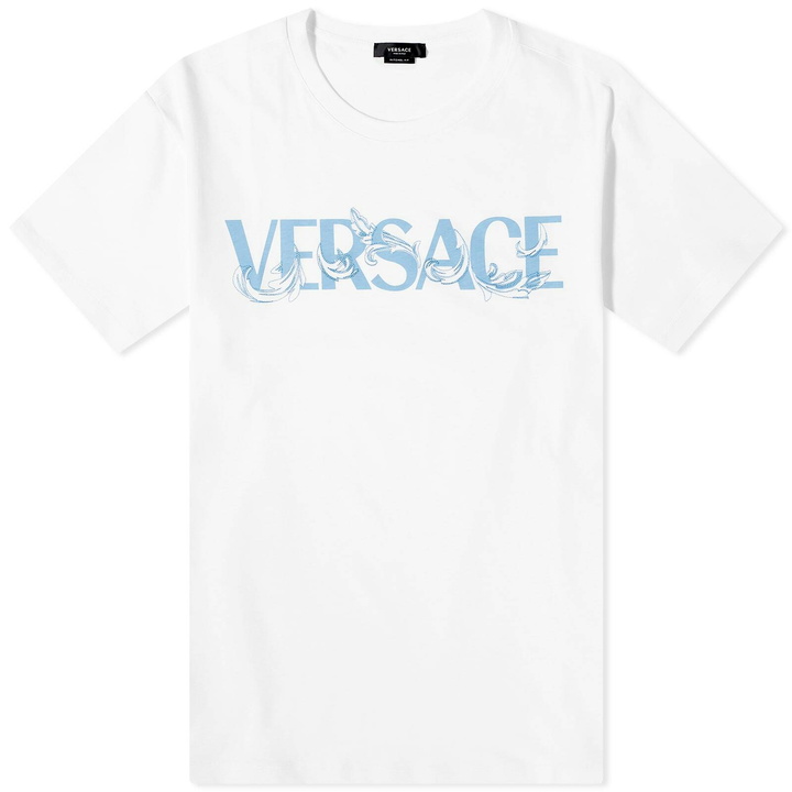 Photo: Versace Men's Logo Print T-Shirt in White Summer Blue