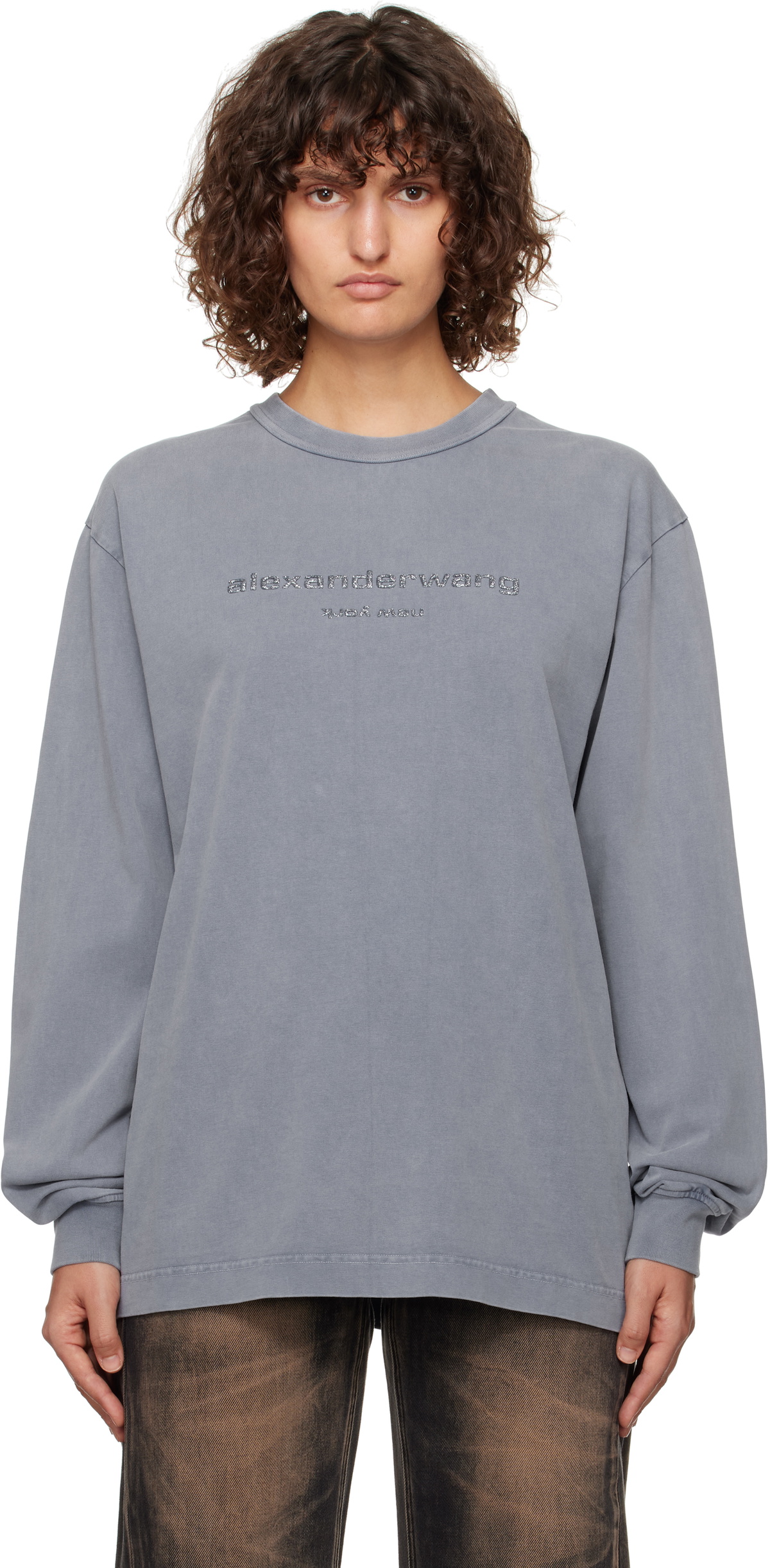 Alexander Wang Blue Glitter Puff Logo Long-Sleeve T-shirt