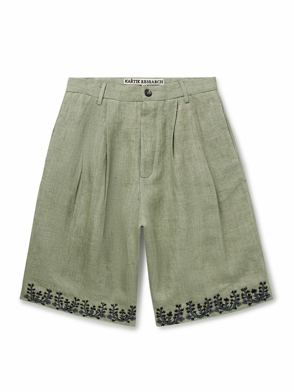 Kartik Research - Wide-Leg Pleated Embellished Embroidered Cotton Shorts - Green