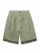 Kartik Research - Wide-Leg Pleated Embellished Embroidered Cotton Shorts - Green