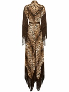 ROBERTO CAVALLI Jaguar Print Satin Fringed Long Dress