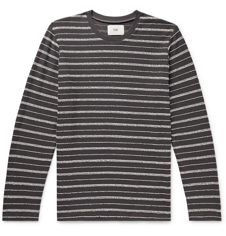 Photo: Folk - Striped Textured Cotton-Blend T-Shirt - Gray