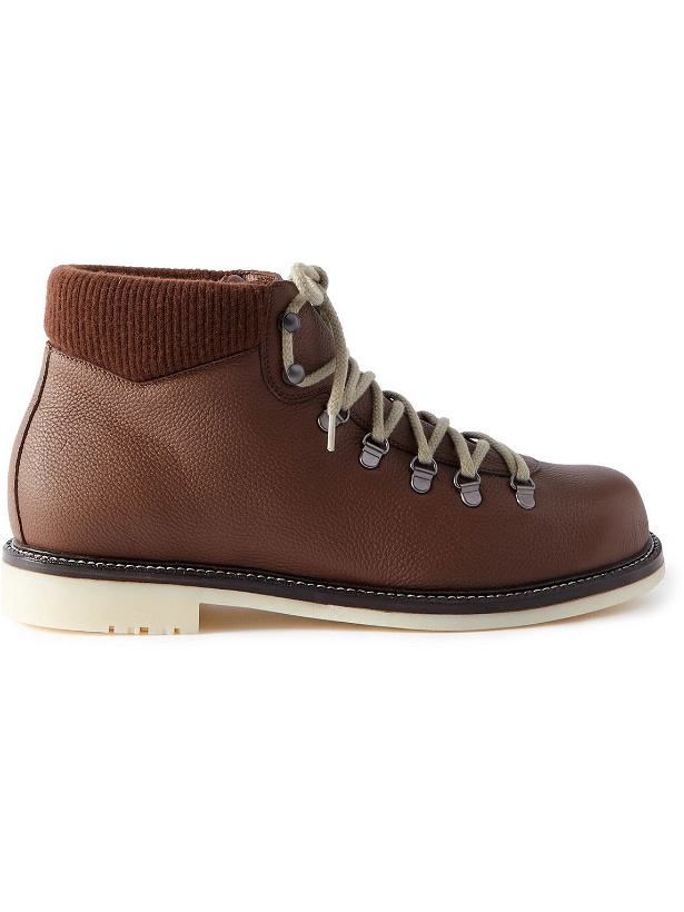 Photo: Loro Piana - Laax Walk Baby Cashmere-Trimmed Textured-Leather Hiking Boots - Brown