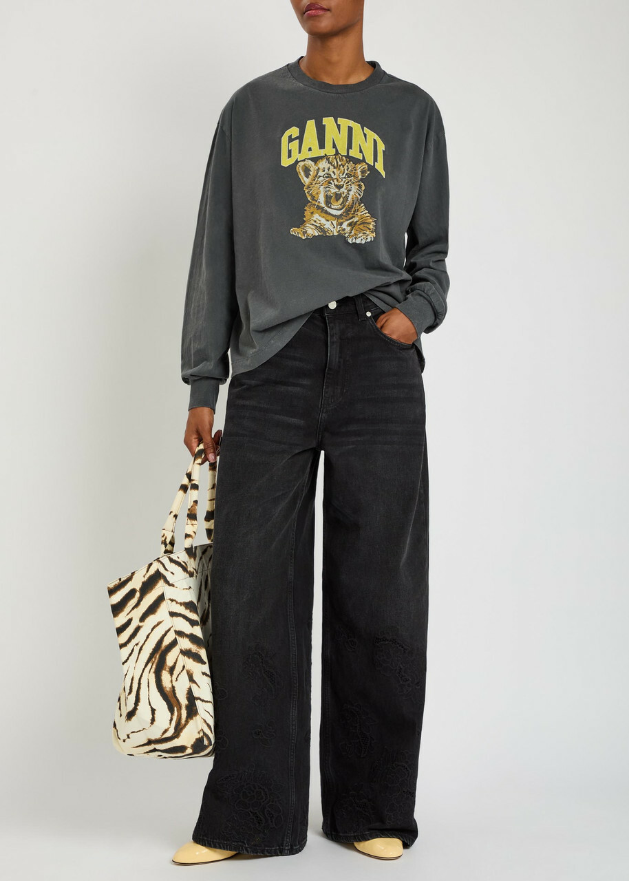 Ganni Printed Long-sleeve Cotton T-shirt Black