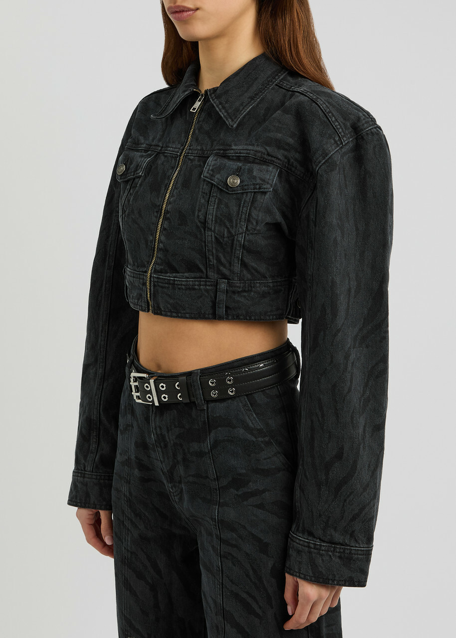 Rotate Sunday Zebra-print Cropped Denim Jacket Black