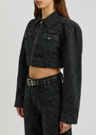 Rotate Sunday Zebra-print Cropped Denim Jacket Black