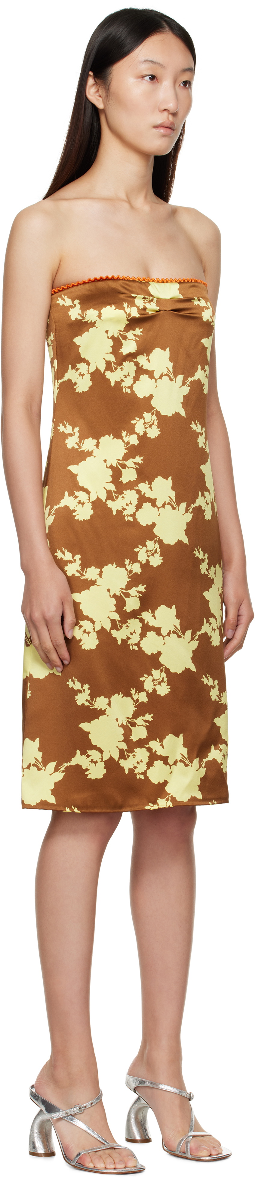 Versace Brown & Yellow Wild Roses Strapless Midi Dress