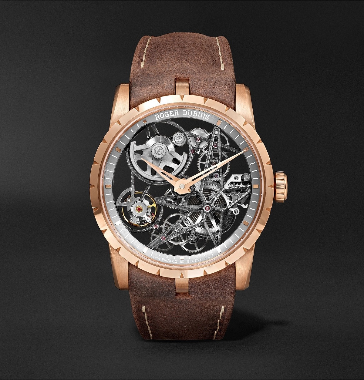 Photo: Roger Dubuis - Excalibur Automatic Skeleton 42mm 18-Karat Pink Gold and Leather Watch, Ref. No. DBEX0727 - Silver
