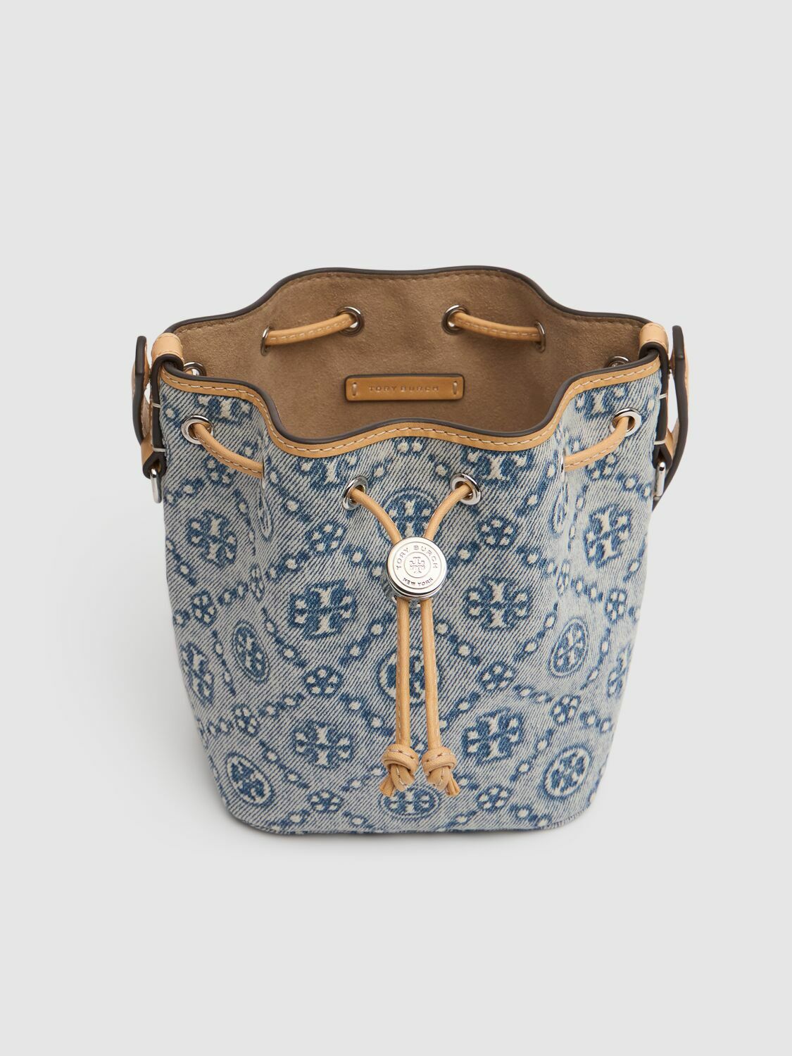 TORY BURCH Mini T Monogram Denim Bucket Bag Tory Burch TORY BURCH Mini T Monogram Denim Bucket Bag Tory Burch