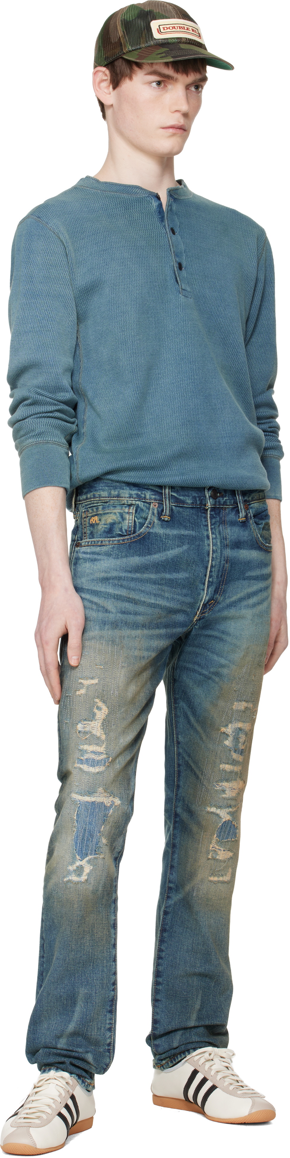 RRL Blue High Slim Brannon Distressed Jeans