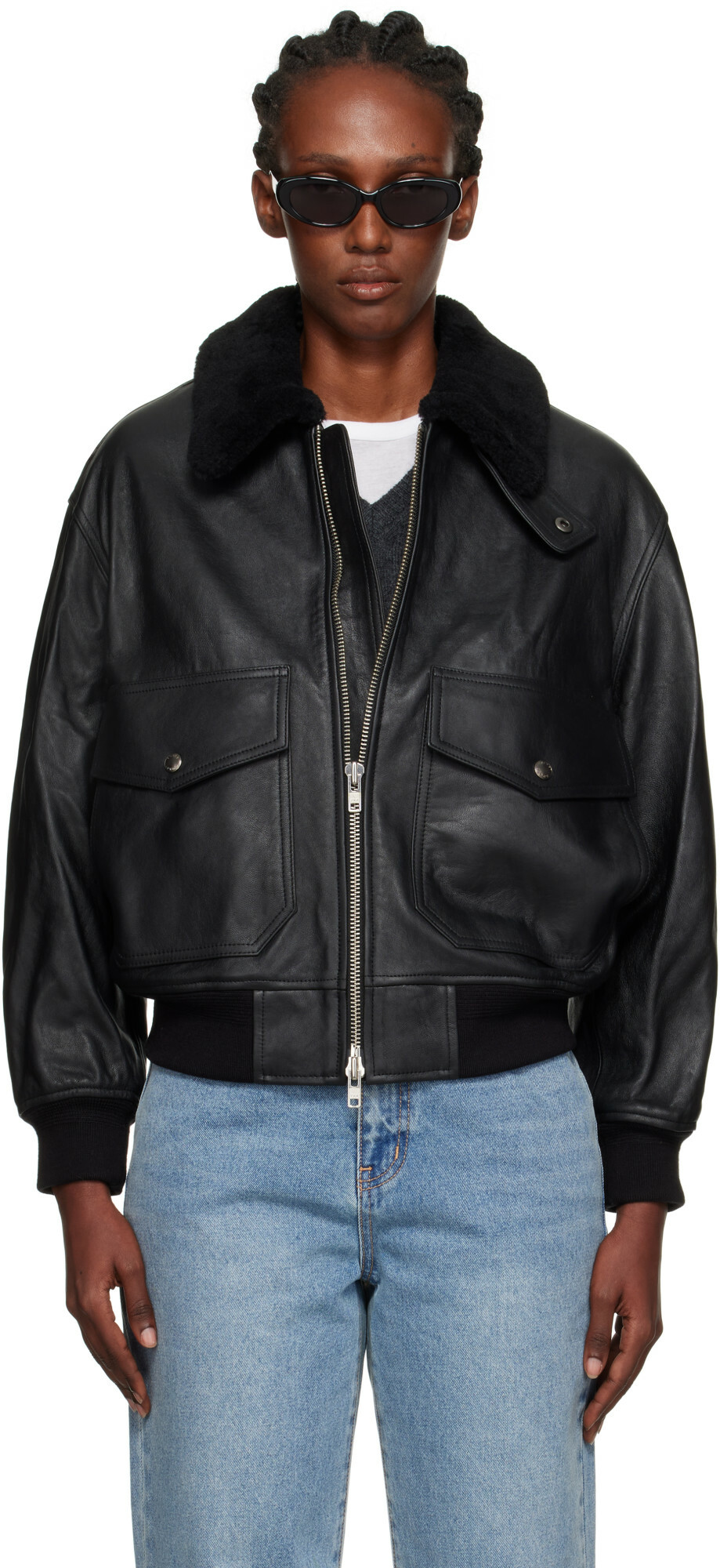 Dunst Black A-2 Shearling Collared Leather Jacket
