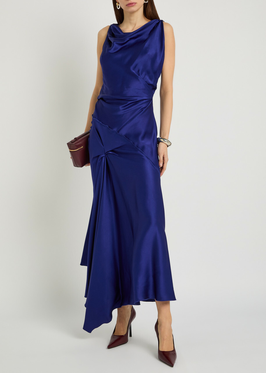 Victoria Beckham Posy Asymmetric Satin Maxi Dress Indigo
