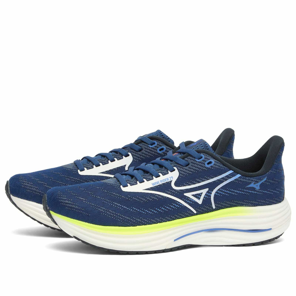 Mizuno Men's Running Wave Rider 29 Sneaker in White/Estate Blue/Lightning Yellow