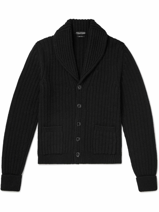 Photo: TOM FORD - Shawl-Collar Ribbed Wool and Cashmere-Blend Cardigan - Black