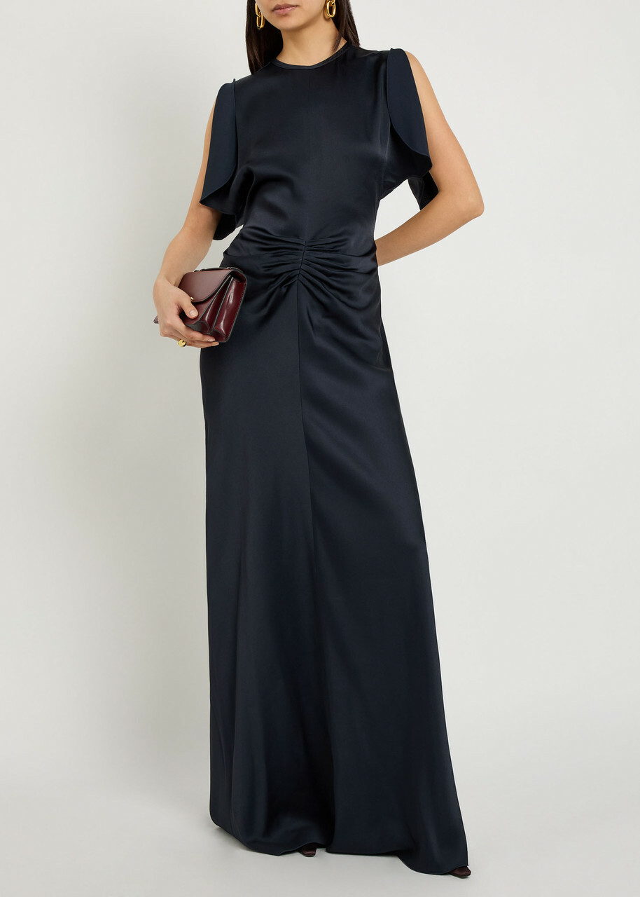 Victoria Beckham Isabella Gathered Satin Maxi Dress Navy