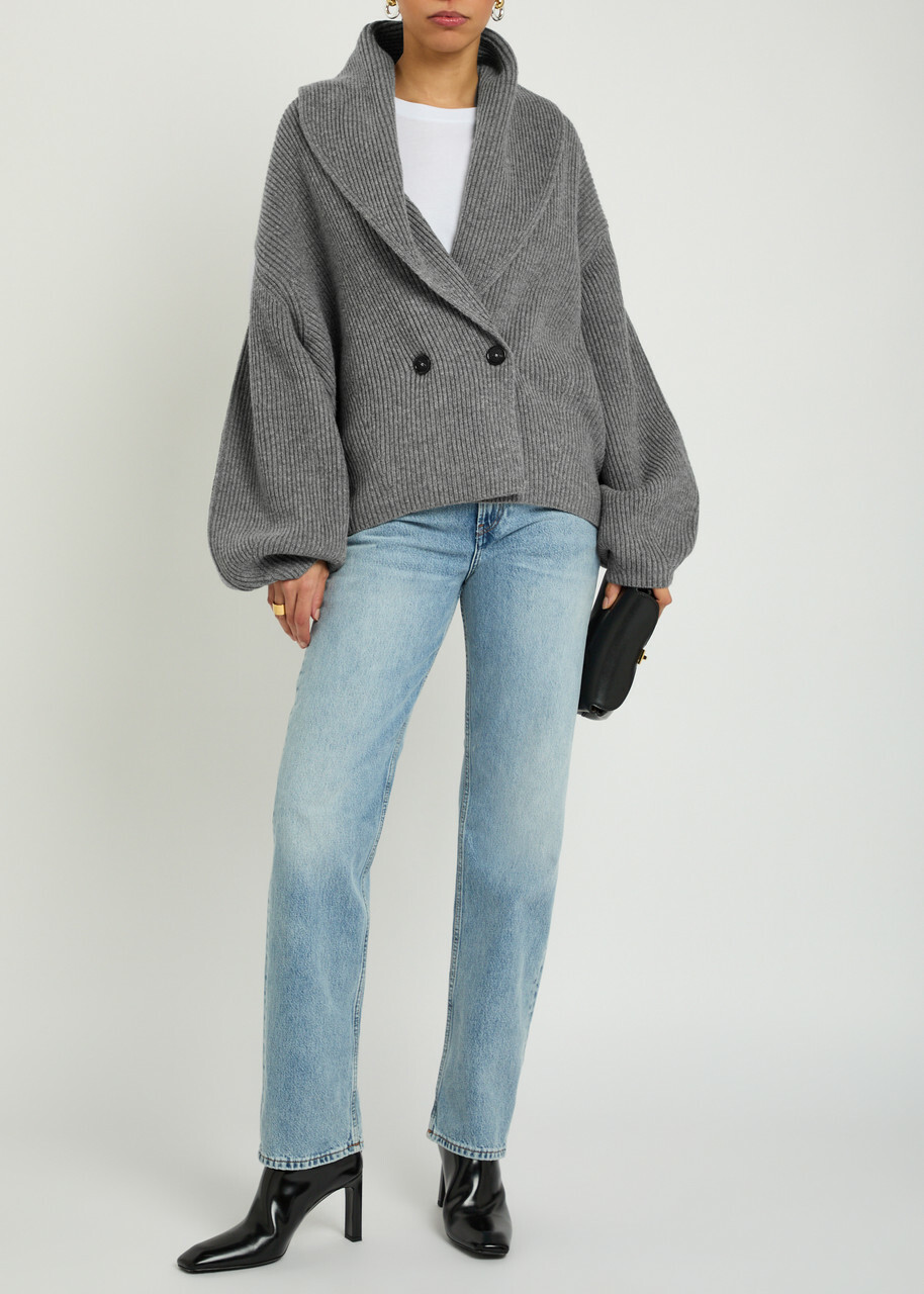 Toteme Shawl Lapel Ribbed Wool-blend Cardigan Grey
