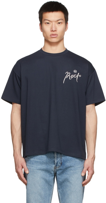 Photo: Recto Navy Cotton Jersey Embroidered Logo Oversized T-Shirt