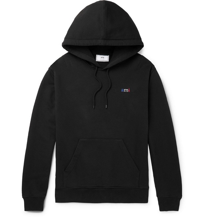 Photo: AMI - Logo-Embroidered Loopback Cotton-Jersey Hoodie - Black