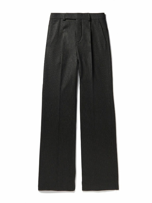 Photo: SAINT LAURENT - Straight-Leg Pinstriped Wool and Cotton-Blend Flannel Trousers - Black