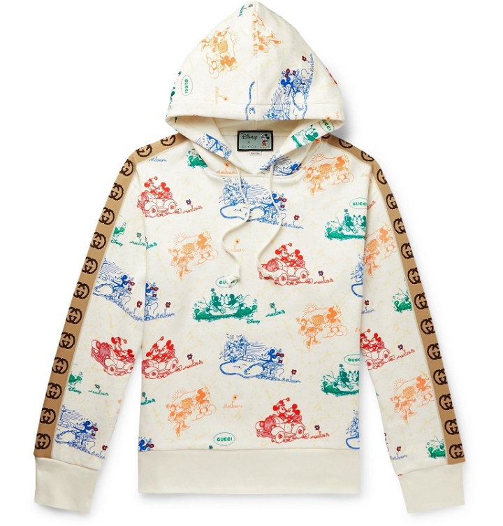 Photo: Gucci - Disney Webbing-Trimmed Printed Loopback Cotton-Jersey Hoodie - Neutrals