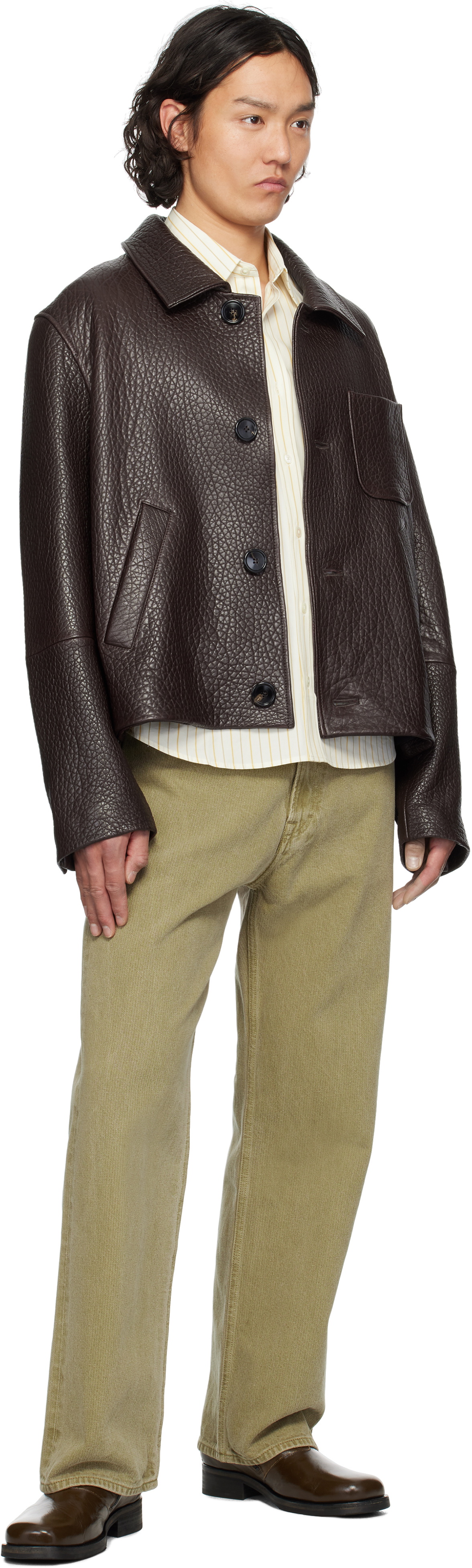 AMI Paris Burgundy Buttoned Leather Jacket