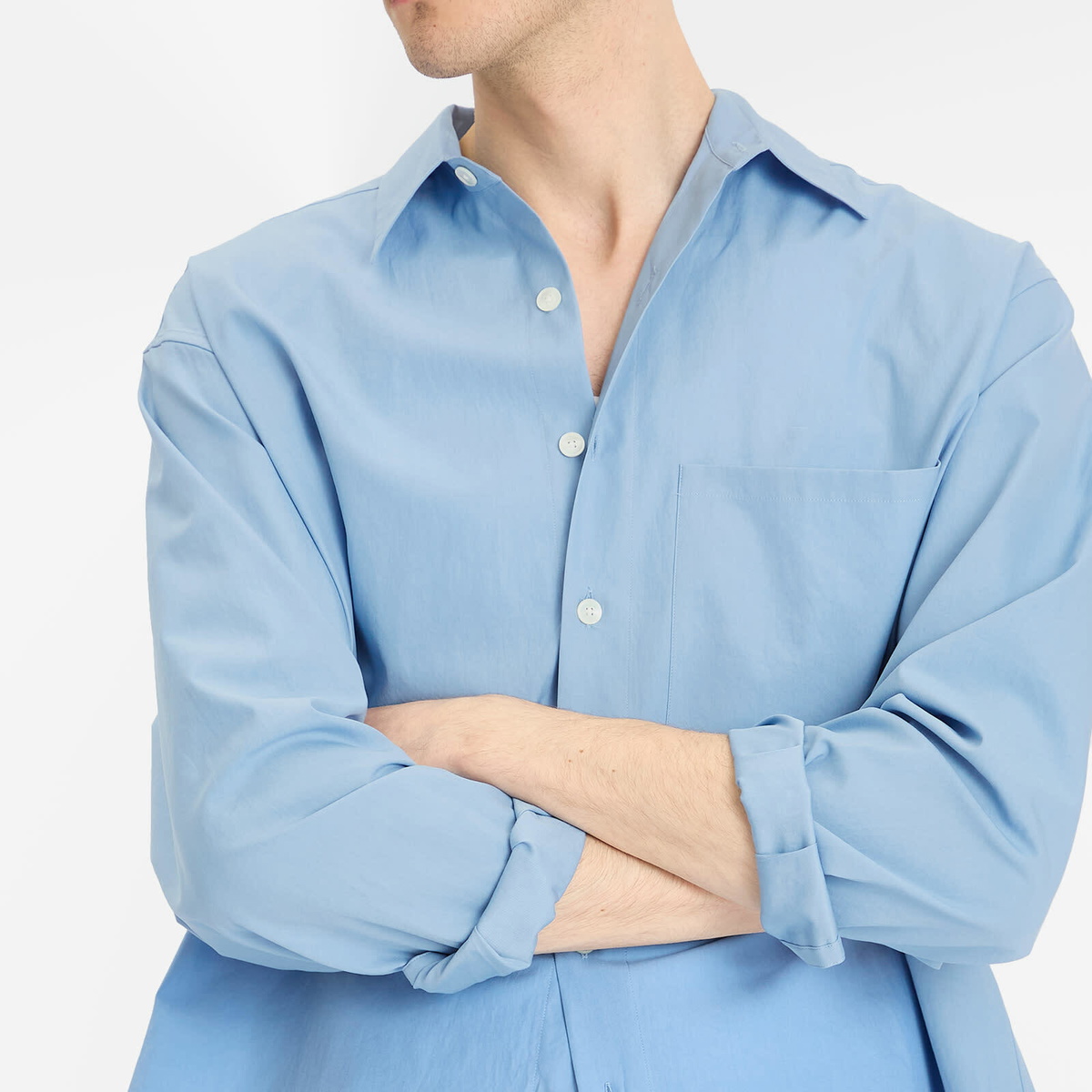Auralee Men's Washed Finx Twill Big Shirt in Blue Auralee